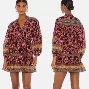 ALICE and OLIVIA Sedona Mandarin Tunic Dress Black Red Boho Puff Sleeve Tassel M